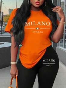 Maweii 2pcs/Set Plus Size Women Casual Letter Print T-Shirt & Leggings Set, Summer - Multicolor - View 3