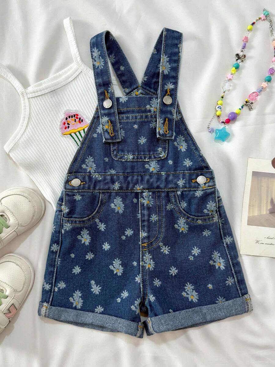 SHEIN Baby Girl Daisy Printed Blue Denim Bib Shorts