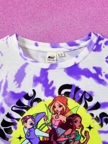 The Winx X SHEIN Maglietta con maniche corte, ampia, per ragazze pre-adolescenti, a tinta unita colorata, con stampa di ragazza stilizzata e effetto Tintura a nodi a spirale