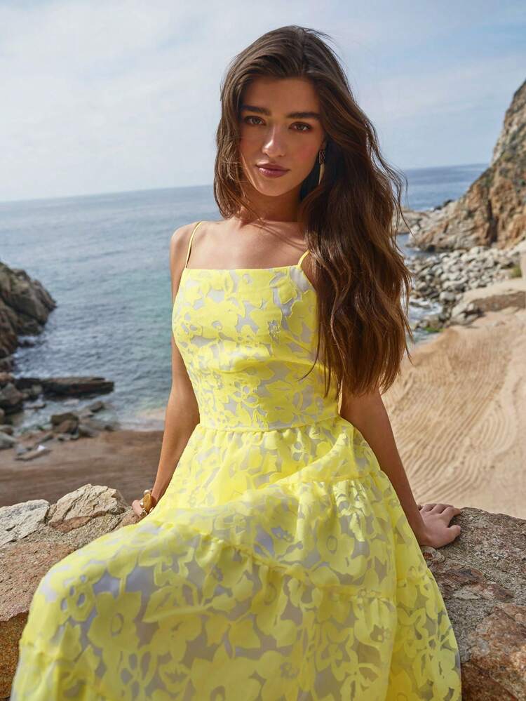 FLORAL PRINT RUFFLE HEM FLARED CAMI DRESS