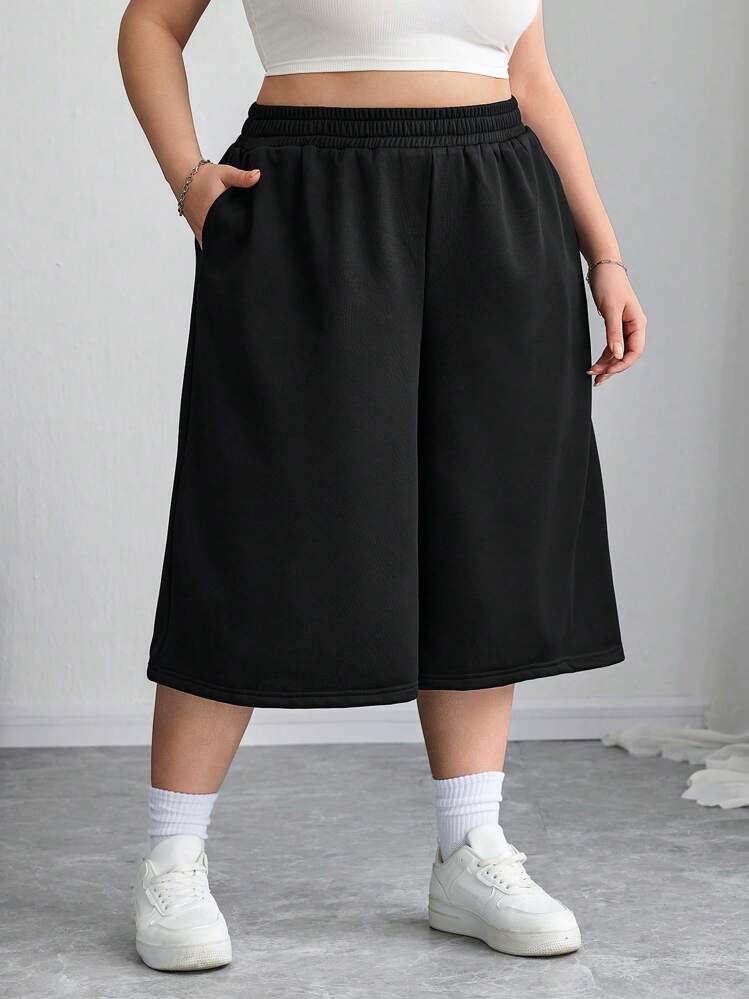 SHEIN CURVE+ Plus Size Casual Super Wide 3/4 Length Sweat Shorts, Spring/Summer, Curve Plus, Boho Vacation - Black - View 6