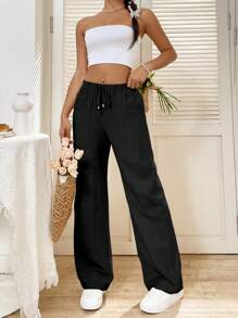 SHEIN Tall Casual Straight-Leg Pants For Tall People, Spring/Summer Fall Cloth For Women - Black - View 5
