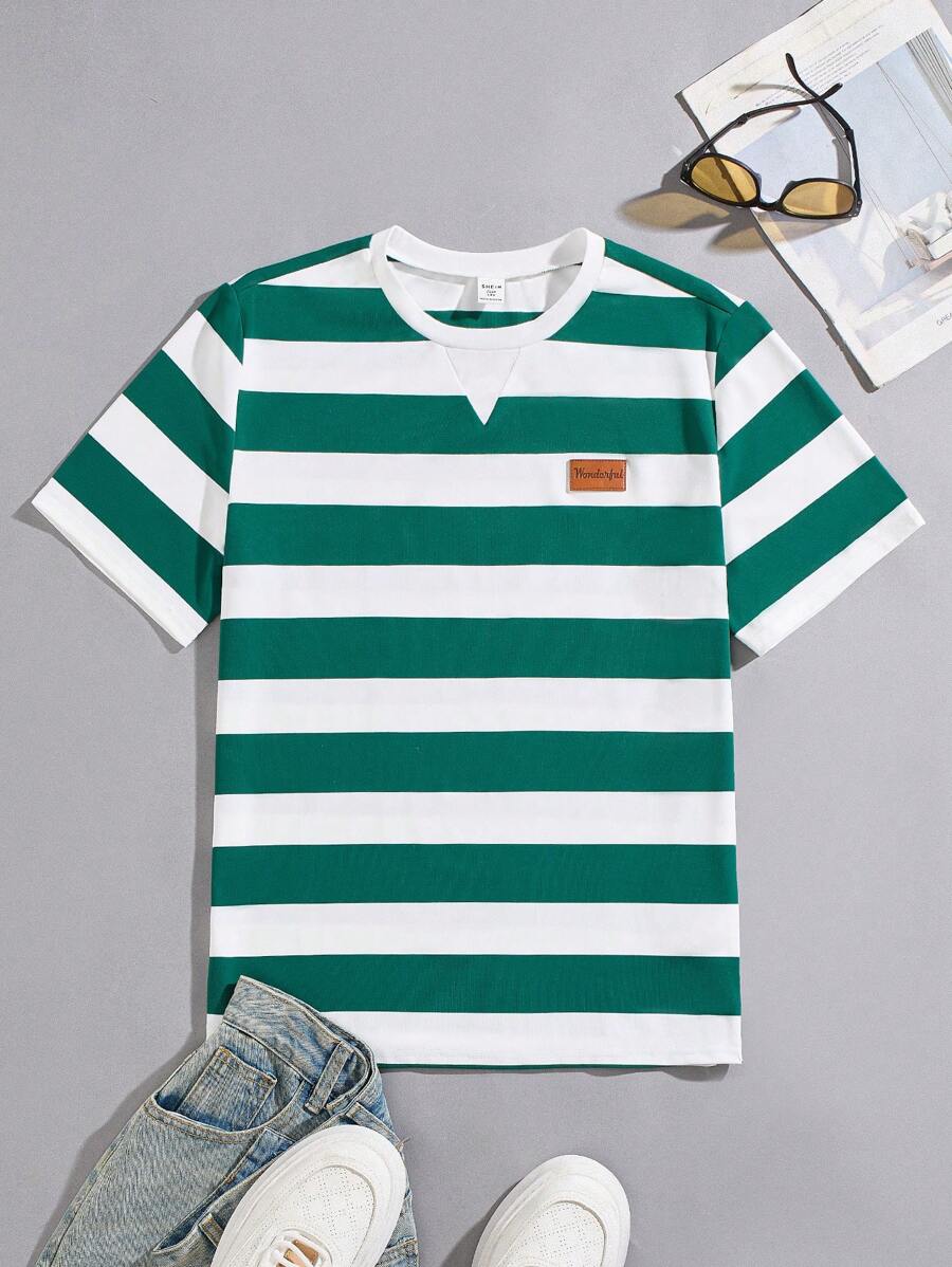 SHEIN Teenager Jungen Lässiges, loses, bequemes und vielseitiges gestreiftes Kurzarmoberteil - Dunkelgrün - Übersicht 1