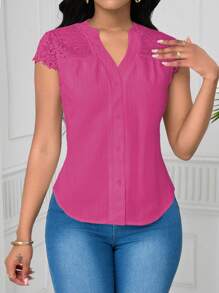 SHEIN Unity Women's Elegant Lace Patchwork Wave Short Sleeve Blouse - Hot Pink - View 3
