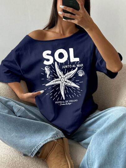 Flirla Oversized Loose T-Shirt, Seahorse, Starfish, Shell Print, Y2K Style, Wide Neckline Batwing Sleeve, Short Sleeve, Navy Blue, Summer