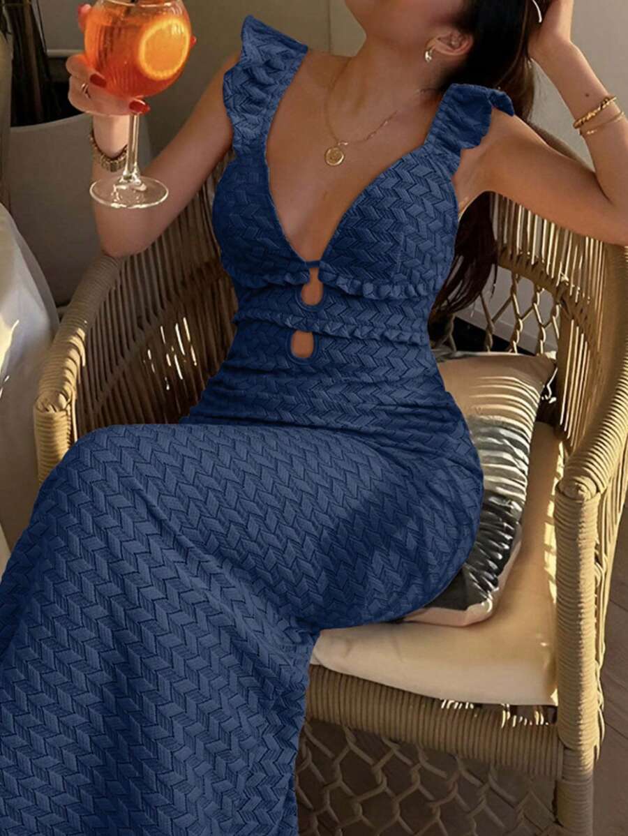 Breezaya Women's Solid Color Knitted Deep V-Neck Fishtail Cap Sleeve Dress - Navy Blue - View 1