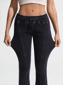 SHEIN Essnce 女式纯色紧身喇叭腿抽绳休闲牛仔裤 - 深灰色 - 查看 7