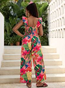 SHEIN Teen Girl Floral Print Square Neck Cap Sleeve Wide Leg Jumpsuit, Suitable For Vacation, Music Festival, Bohemian, Holiday, Date And Afternoon Tea
