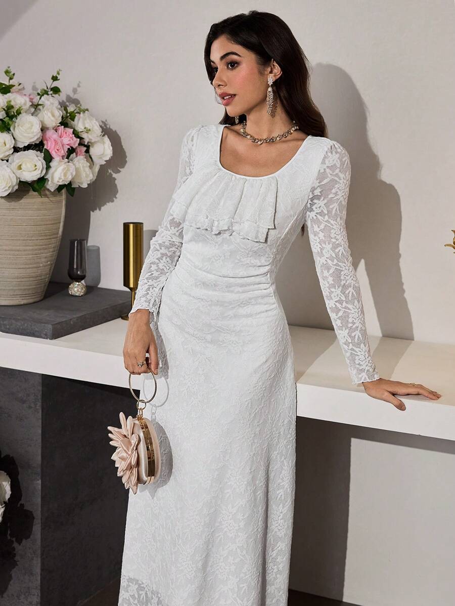 Modelyn Women Elegant Contrast Lace Ruffle Waist Midi Dress - White - View 1
