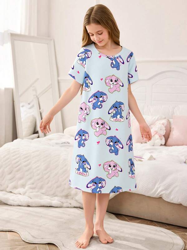 GraphicGems Girls Cute Rabbit Print Round Neck Long Knit Sleep Dress, Comfortable Casual Loungewear
