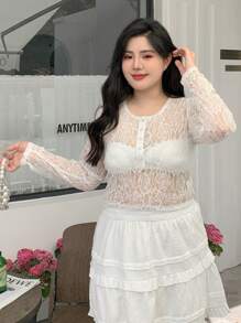 Dazy Plus Plus Size Half-Open Collar Lace Sheer Cropped Blouse For Women, Summer Long Sleeve Women Tops - White - View 3