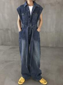 FRIFUL 女式单排扣系带腰口袋休闲牛仔阔腿连体裤 - 藍色 - 查看 2