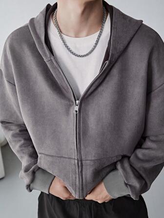 Manfinity Hypemode Men Zip Up Drop Shoulder Hooded Jacket, Going Out Zipper Long Sleeve Casual Hoodie, For Friends, Husband, Boyfriend Gifts