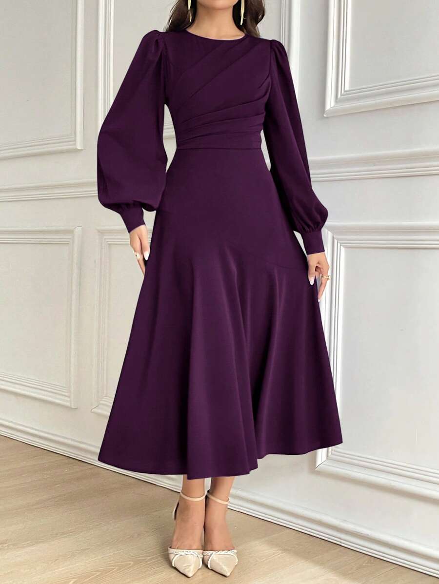 Modelyn 女士纯色圆领灯笼袖褶皱长款优雅连衣裙，秋季长款晚礼服 - 中紫紅色 - 查看 1