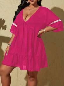 Slaydiva 大码女式V领宽松短袖沙滩罩衫 - 粉色 - 查看 3