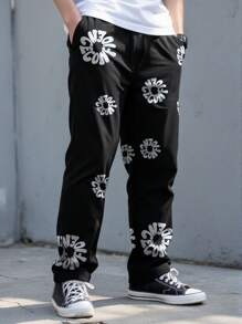 PAVTROS Manfinity Streetrush Men's Letter Print Drawstring Casual Sweatpants, Versatile Rave Pants Men Flower Pants - Black - View 2