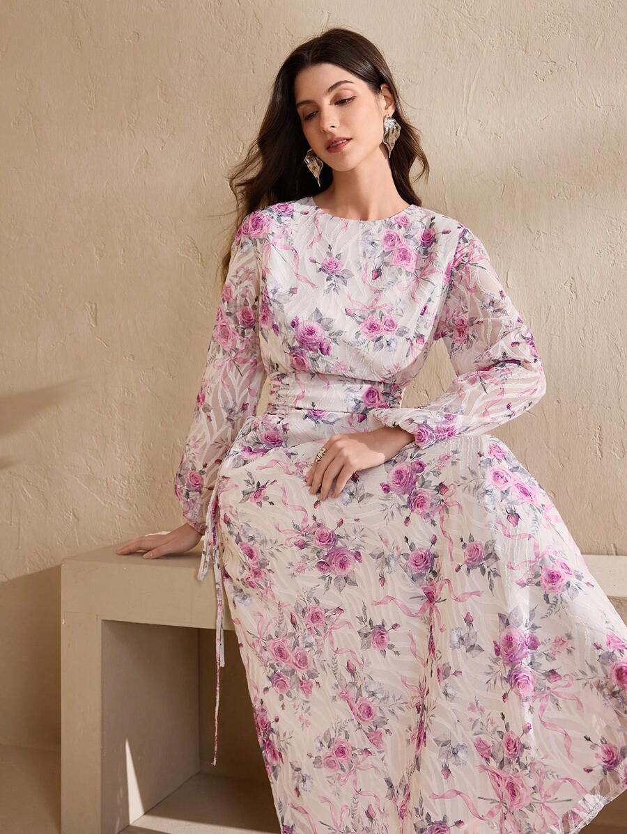Graceveil Damen Frühlings-/Sommerkleid mit langem Blumen- und Palmenblatt-Muster, romantisch mit geraffter Taille, weitem Rock, bescheiden und elegant im arabischen Stil - Verschiedenfarbig - Übersicht 1