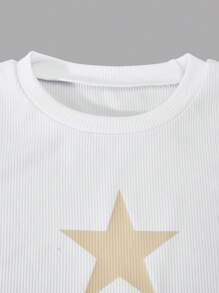 SHEIN ChillGRL 两件套少女星形印花侧边抽绳上衣和带口袋的撞色腰带工装裤套装，休闲街头风，春夏假日装。