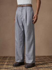 AKNOTIC X Nawaf Alabid 男士梭织格子裤配腰带，休闲宽松直筒长裤适合夏季、度假、日常搭配、聚会、情侣装，男士礼物 - 卡其色 - 查看 7