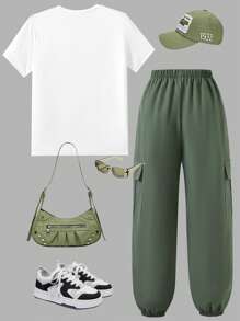 SHEIN 2pcs Set: Teen Girl Casual Cool Graphic Print Round Neck Short Sleeve T-Shirt Top And Loose Cargo Pocket Pants, Army Green Chic Outfit For Everyday And Outing