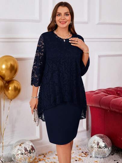 Miaspire 加大码女式圆领长袖蕾丝拼接弧形下摆双层优雅派对红色新年连衣裙、女士冬装、情人节