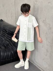 SHEIN Mirajuku 3pcs Set: Boys' White Shirt With Contrast Ruffle Pattern, White Loose Pants With Contrast Pattern, Includes Scarf - Multicolor - View 3