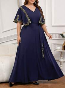 SHEIN Clasi Plus Size Women's Elegant Patchwork Floral Embroidery Ruffle Hem Dress