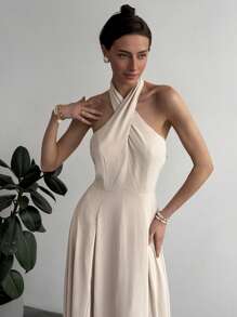 Aloruh Women's Elegant White Woven Fabric Halter Maxi Dress With Criss-Cross Neckline And Flared Hem - White - View 3