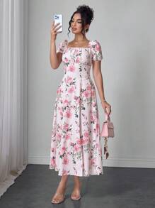 Modelyn Floral Print Ruffled Puff Sleeve Mini Dress For Women, Vacation Wear