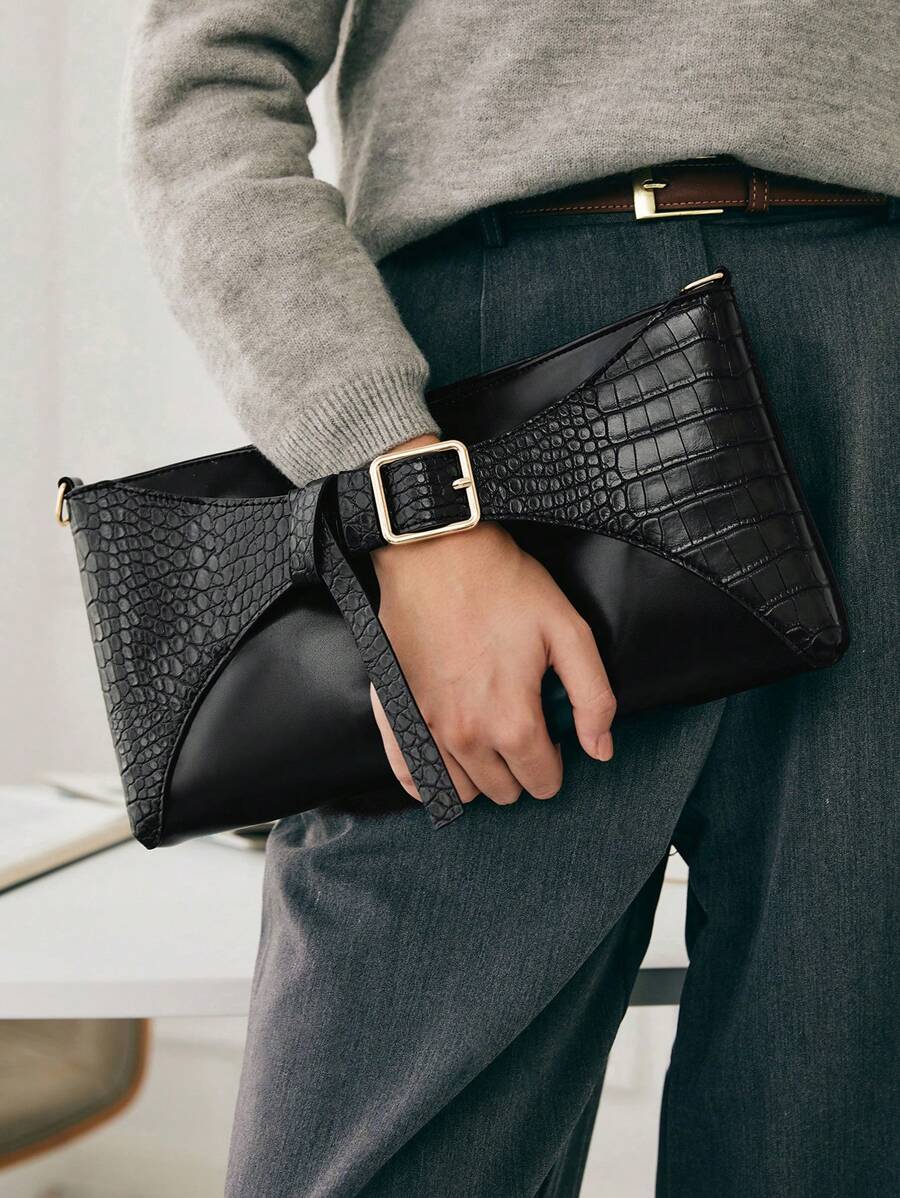SHECARRY 1 pieza Bolso bandolera casual de mujer con cierre de cremallera y decoración metálica en color liso - Negro - Ver 1