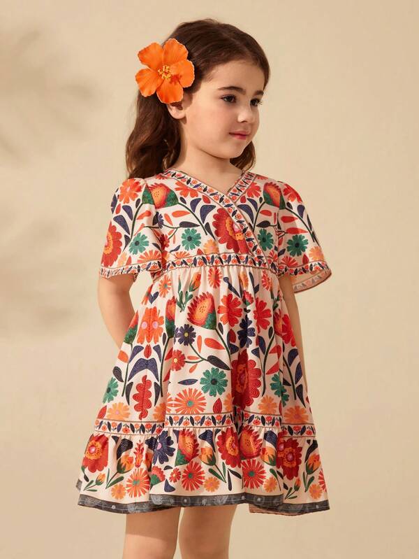 SHEIN Young Girl Summer Cute Floral Print Short Sleeve Casual Dress
