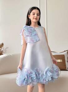 Tween Girls Woven Fitted Round Neck Sleeveless A-Line Dress - Blue - View 3