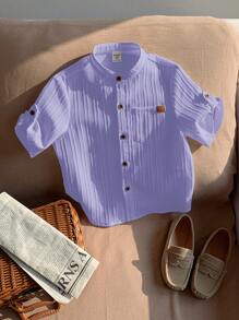 SHEIN LMoss Kids Áo sơ mi cổ bẻ cơ bản thường ngày cho bé trai LMoss có túi, thoải mái và thoáng khí - Màu tím - Xem 4