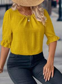 EMERY ROSE Plus Size Plain Long Sleeve Shirt, Fashionable For Summer - Yellow - View 4