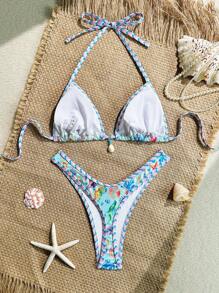 SHEIN 2Pcs Beach Summer Outfits For Women - Random Print And Ribbed Texture Top With Halter Neckline, And High Cut Bikini Bottom, Bohemian Bikini Set - Multicolor - View 2