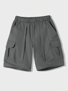Young Boys Loose Gray Cargo Shorts With 3D Pockets, Casual School Style, Comfortable, Fashionable, Versatile, Soft, Suitable For Daily Wear, School, Outings, Sports - Grey - View 2