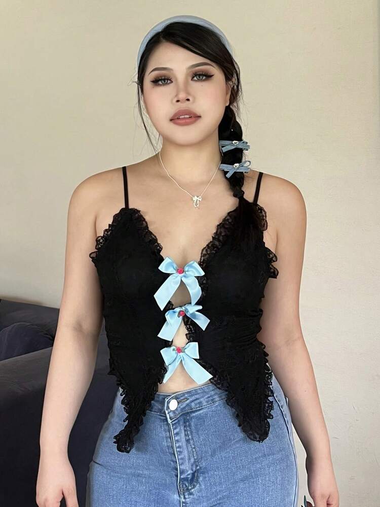 Plus Size Women Bow Decor Asymmetrical Hem Lace Camisole Top, Sexy, Spring/Summer Club Crop Women Tops