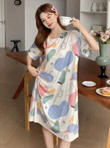 SHEIN Leap Crew Teen Girl Funny Cartoon Print Round Neck Short Sleeve Loose Casual Knit Summer Night Gown - Multicolor - View 1