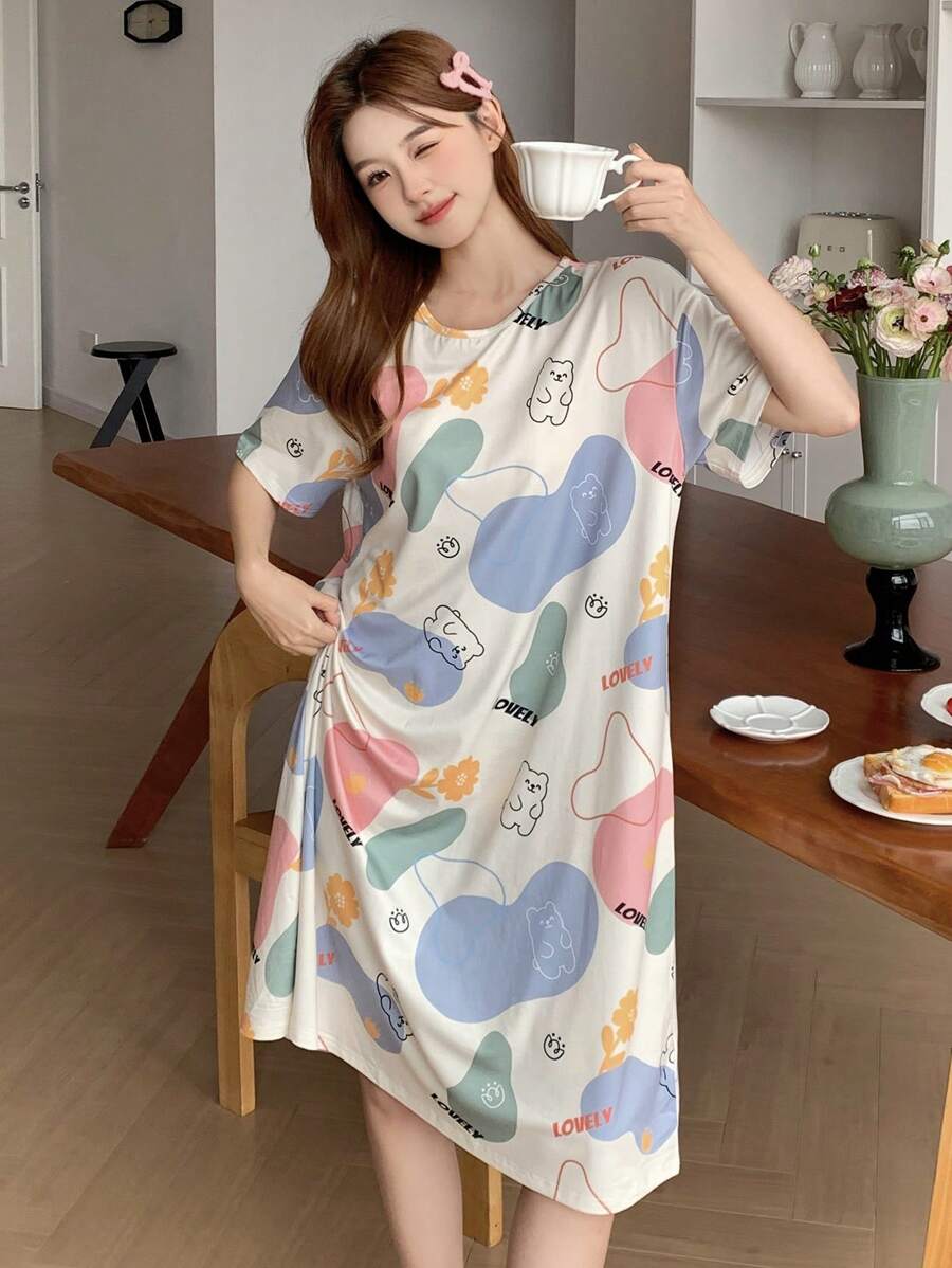 SHEIN Leap Crew Teen Girl Funny Cartoon Print Round Neck Short Sleeve Loose Casual Knit Summer Night Gown - Multicolor - View 1