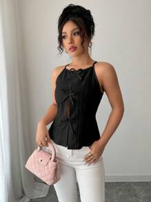 Elenzga Halloween Costume Black Bowknot Decor Waist Fitted Top For Women - Black - View 4