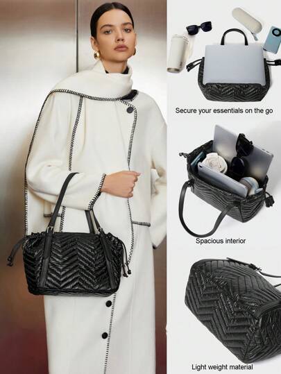 SHECARRY 女士时尚百搭纯色纹理抽绳单肩包