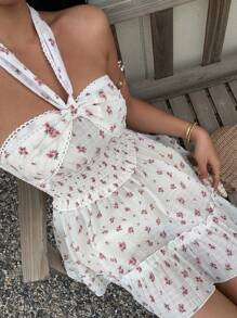 SHEIN Unity 碎花扭褶荷叶边饰褶皱前片露背迷你太阳裙 - 彩色 - 查看 3