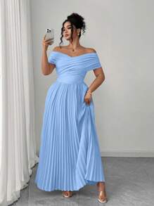 Elenzga Elenzga Odkryte Ramiona Marszczona Talia Bandeau, Letnia Sukienka Damska Plus Size Romantyczna Elegancka Na Ukończenie Szkoły