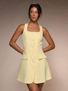 Glamine Nuevo vestido casual mini para mujer de primavera temprana, con escote cuadrado, sin mangas, bolsillo falso, ajuste delgado y apropiado para ir a trabajar