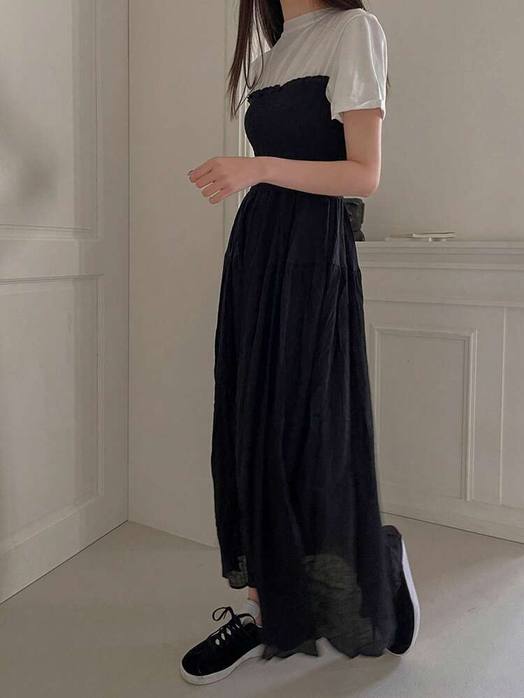 Long Patchwork Summer Slim Fit Black T-Shirt Dress For Women,Casual Women Dresses