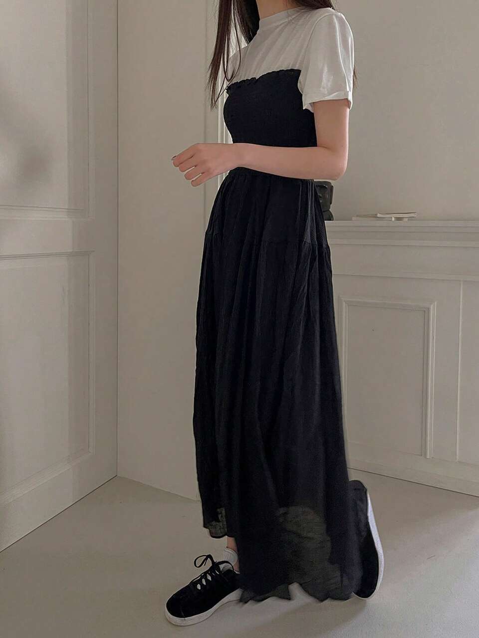 Long Patchwork Summer Slim Fit Black T-Shirt Dress For Women,Casual Women Dresses