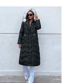 EURMUSE Zip Up Hooded Puffer Coat - Black - View 5