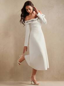 Anewsta Off-White Autumn Elegant Long Sleeve Off Shoulder Sparkling Embellished Long Dress,Modest Business Casual Outfit For Dining,Party,Graduation - Beige - View 1