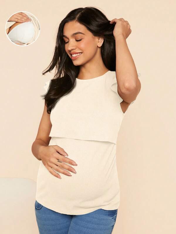 SHEIN Maternity Romantic Floral Nursing T-Shirt With Round Neck And Ruffle Sleeves, Bodycon Style For Pregnant Women