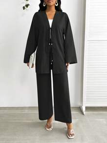 SHEIN Lady Bộ đồ 2 mảnh cỡ lớn năm 2025 dành cho nữ, áo dài tay buộc nơ phía trước và quần dài, bộ đồ hai mảnh cỡ lớn dành cho nữ, trang phục đi biển cho nữ, trang phục công sở thường ngày cho nữ, váy dự tiệc cưới cho nữ, trang phục mùa thu cho nữ, trang phục giáo viên cho nữ, trang phục công sở thường ngày cho nữ, váy thanh lịch cho nữ, quần áo đi làm cho giáo viên nữ, trang phục kỳ nghỉ cổ điển cho nữ, bộ đồ ngủ hai mảnh phong cách Boho cho nữ, bộ đồ ngủ 2 mảnh cho nữ, bộ đồ ngủ cỡ lớn cho nữ, bộ đồ ngủ cỡ lớn 2 mảnh cho nữ - màu đen - Xem 3